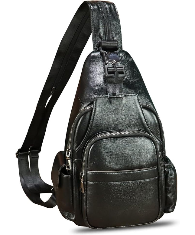 Genuine Leather Sling Bag for Men and Women Handmade Sling Backpack Purse Chest Over Shoulder Crossbody Bag Large Capacity (Black)