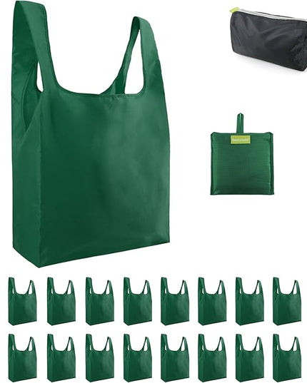 BeeGreen Christmas Green Reusable Shopping Bags Green Wholesale Reusable Grocery Bags Bulk Foldable-Machine Washable with Zipper Storage Pouch 20 Pieces