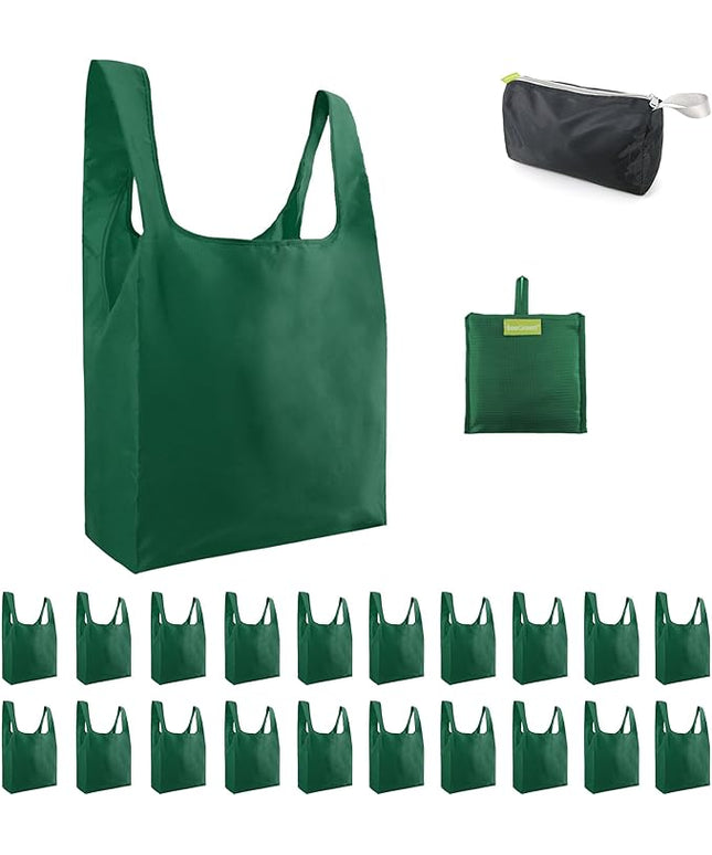BeeGreen Christmas Green Reusable Shopping Bags Green Wholesale Reusable Grocery Bags Bulk Foldable-Machine Washable with Zipper Storage Pouch 20 Pieces