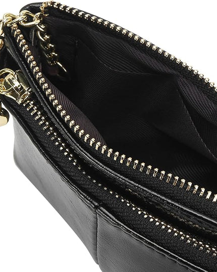 ZOOEASS Women PU Leather Zip Mini Coin Purse With Key Ring Triple Zipper Card Holder Wallet(Black)