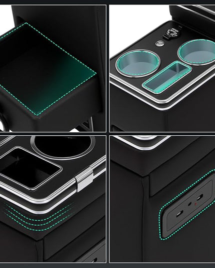 Center Console Between Seat Organizer for Minivans,SUVs,with Dual USB charging at the front and back,ambient lighting and drawers for Minivan&SUVs, Middle Van Floor Console Organizer Storage Box Black