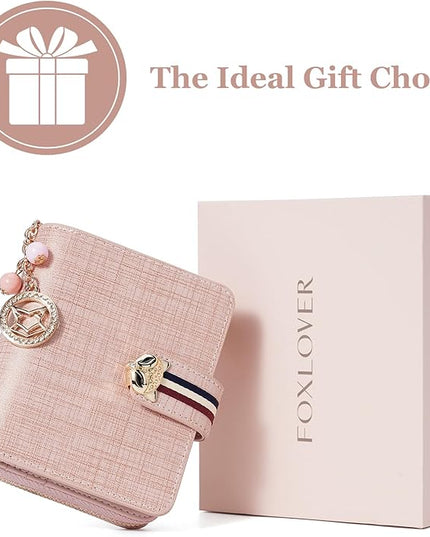 FOXLOVER Genuine Leather Zip Small Wallet Women RFID Blocking Credit Card Bifold Wallet Business Card Holder with ID Window(Pink)