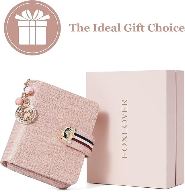 FOXLOVER Genuine Leather Zip Small Wallet Women RFID Blocking Credit Card Bifold Wallet Business Card Holder with ID Window(Pink)