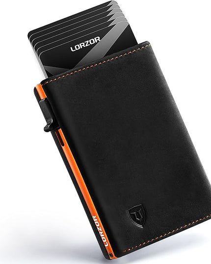 LORZOR Wallet for Men with Metal Card Holder, Pop Up Wallet, Finest Full Grain Leather Trifold Wallet, Smart, Minimalist, RFID Blocking, Front Pocket, ID Window, Black/Orange