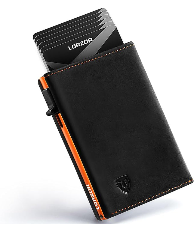 LORZOR Wallet for Men with Metal Card Holder, Pop Up Wallet, Finest Full Grain Leather Trifold Wallet, Smart, Minimalist, RFID Blocking, Front Pocket, ID Window, Black/Orange