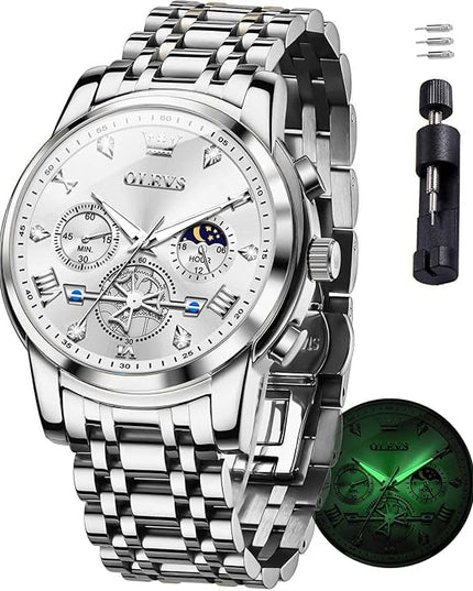 OLEVS Mens Watches Chronograph Watch Luxury Dress Stainless Steel Waterproof Watches for Men Moon Phase Luminous Business Calendar Wrist Watch Blue/Black/Green/Gold/Face