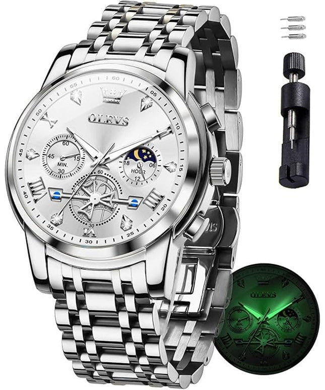OLEVS Mens Watches Chronograph Watch Luxury Dress Stainless Steel Waterproof Watches for Men Moon Phase Luminous Business Calendar Wrist Watch Blue/Black/Green/Gold/Face