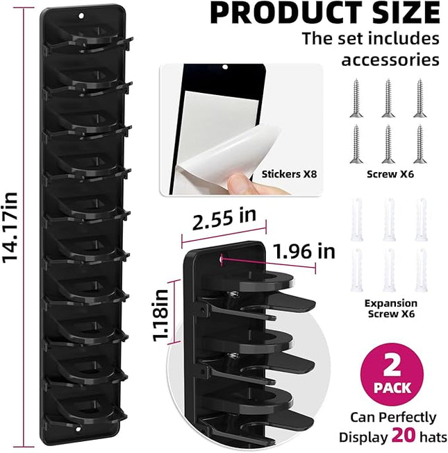 Flizubat Spring Clip Hat Organizer for Baseball Caps – 2 Pack, Wall Hat Rack for Door & Closet – Keeps 20 Hats Tidy in Garage, Dorm, Man Cave – Multi-Layer Cap Storage (Adhesive or Screws)