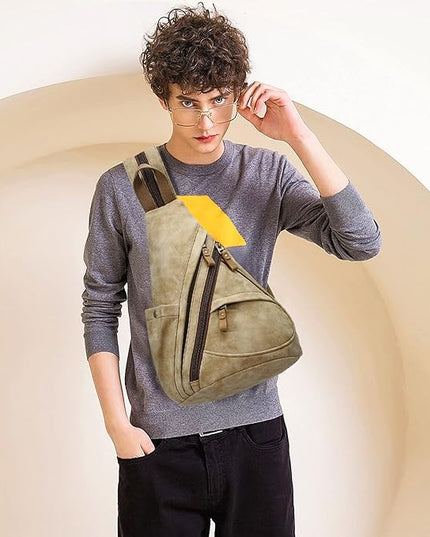 KL928 PU Leather Sling Bag - Small Crossbody Backpack Shoulder Casual Daypack Rucksack for Men Women(Light Coffee)