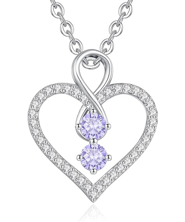 LOUISA SECRET Infinity Double Birthstone Necklace, 925 Sterling Silver Tiny Pendant Heart Necklace for Women Wife Her, Best Jewelry Gift Heart Jewelry Meaningful Gift for Valentine's Day, Christmas, Birthday Anniversary