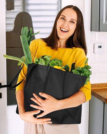 WISELIFE Reusable Grocery Shopping Bags 10 Pack Large Foldable Tote Bags Bulk, Eco Produce Bags with Long Handle for Shopping Groceries Clothes (Grey&Black)