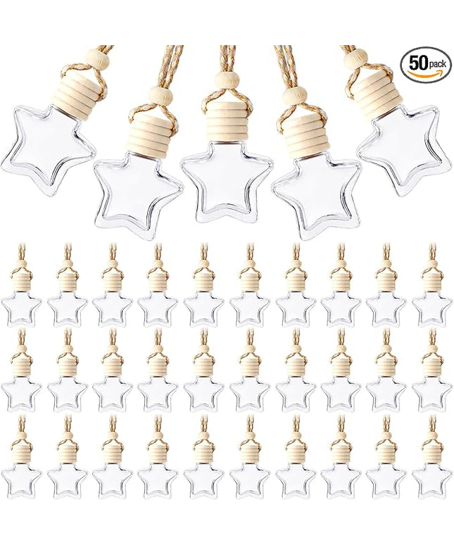 BBTO 50 Pcs Hanging Car Air Freshener Car Diffuser Bottles Empty Glass Perfume Bottle Freshener Diffuser Bottle Pendant for Essential Oil Fragrance Aromatherapy Bottle Ornament(Star)