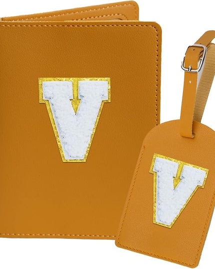 Initial Passport Cover Holder and Luggage tag Set,PU Leather Passport Case Travel Suitcase Tag with Letter Patch, Personalized Travel Luggage Accessories Gifts for Women Grils Teenage Ginger V
