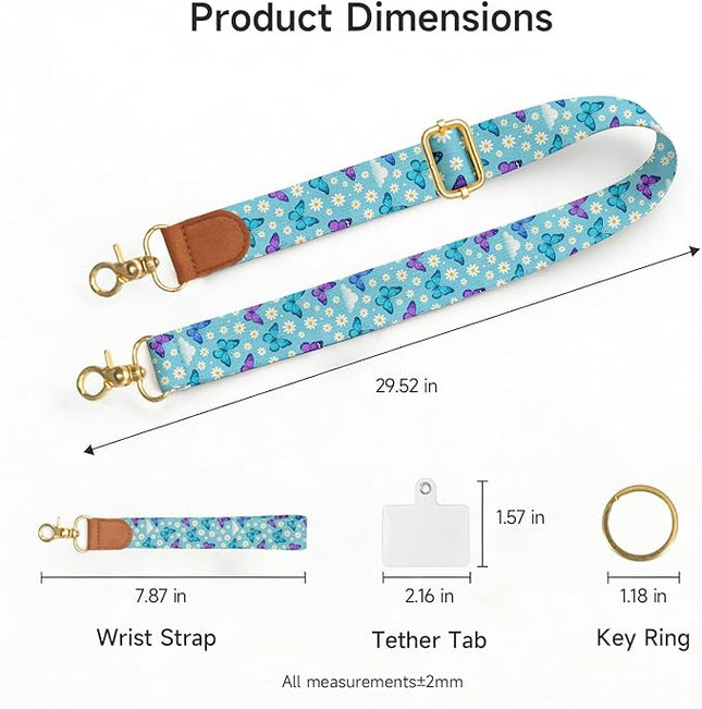 Phone Lanyard Wrist & Crossbody Strap, Adjustable Floral Butterfly Cell Phone Lanyard for Phones, Car Keys, Keychain and ID Card – Universal Hands-Free Set