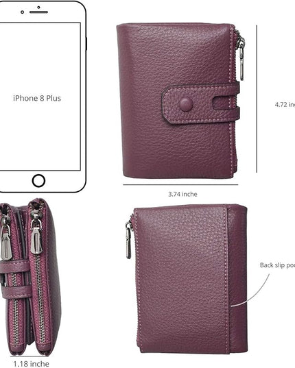 Bveyzi Small Soft Leather Wallet for Women RFID Blocking Ladies Card Holder with Double Zipper Pocket