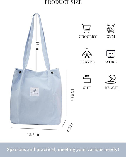 Corduroy Tote Bag Cute Tote Bags for Women Shoulder Bag with Inner Pocket for Work Beach Travel and Shopping Grocery