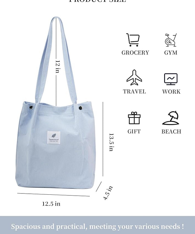 Corduroy Tote Bag Cute Tote Bags for Women Shoulder Bag with Inner Pocket for Work Beach Travel and Shopping Grocery
