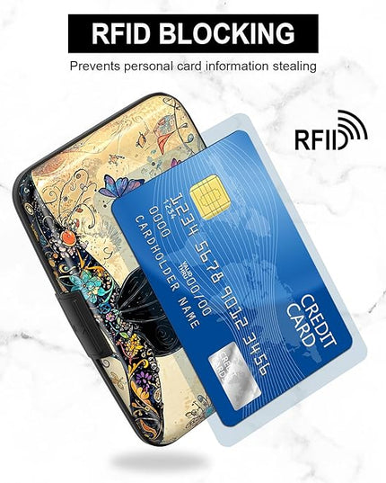 Atufsuat Credit Card Holder, Mini Aluminum Card Wallet RFID Blocking Slim Metal Hard Card Case for Women Men, Cat on Branch