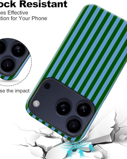 Magnetic for iPhone 17 Pro Max Case Cute Stripes Phone Case, Shockproof Slim TPU and Hard PC Protective Phone Cover Compatible with MagSafe Designed for Women Girls, Green and Blue