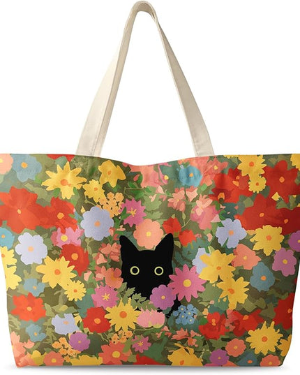 Large Tote Bag for Women - Canvas Tote Bag with Zipper Aesthetic Reusable Shoulder Bag for Gym, Travel, Work