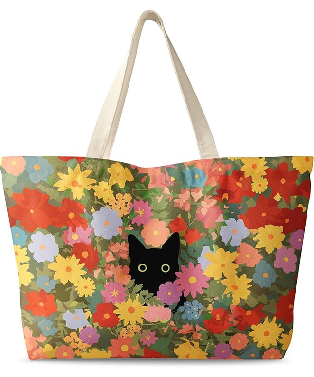 Large Tote Bag for Women - Canvas Tote Bag with Zipper Aesthetic Reusable Shoulder Bag for Gym, Travel, Work