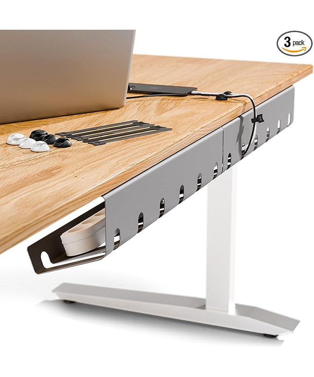 PAMO Cable Management Under Desk for Easy mounting Under-Table I Set of 3 - with 10X Cable Ties I Desk Organizer for Office/Home Office Table Thoughtful Cable Tray Holder