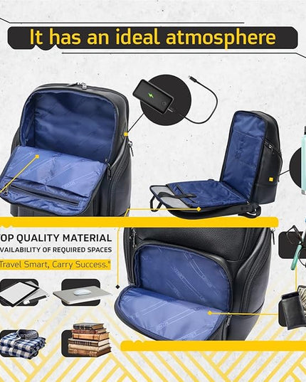 Durable Leather Laptop Business Backpack Perfect for Men & Women, Work Backpack Fits 15.6 Inch, Premium Quality Travel Bag with USB Charging Port, Water-Resistant, Bookbag with Multiple Pockets