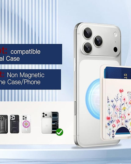 Stronger Magnetic Card Slot Wallet for iPhone 17/16/15/14/13/12 Series (Not for 13/12 Mini), Flower Pattern Hard Card Holder Fit 3 Cards Compatible with Magsafe Accessories, White