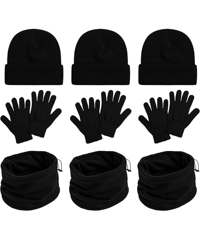 9 Pack Winter Beanies, Gloves, Neck Warmers Combo Set Unisex Adults Stretchy Thick Knit