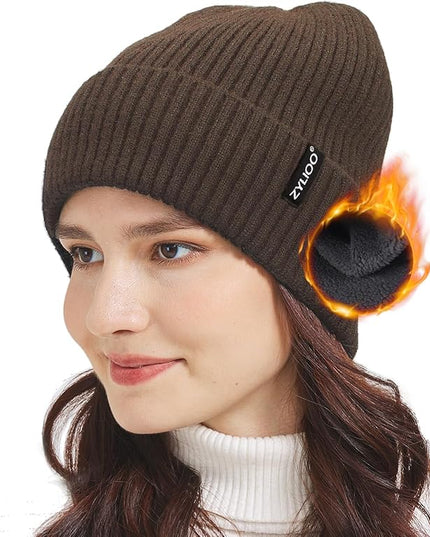 Zylioo Plus Size Fleece Lined Beanie Hat,2XL/XL/L/M/S Thermal Knitted Hat,Winter Warm Lined Snow Hats for Women Men