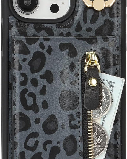 for iPhone 15 Pro Max Wallet Case with Card Holder, for iPhone 15 Pro Max Case Wallet with Strap Credit Card Slot, Crossbody Bag with Zipper Case for iPhone15 Pro Max - Black Leopard