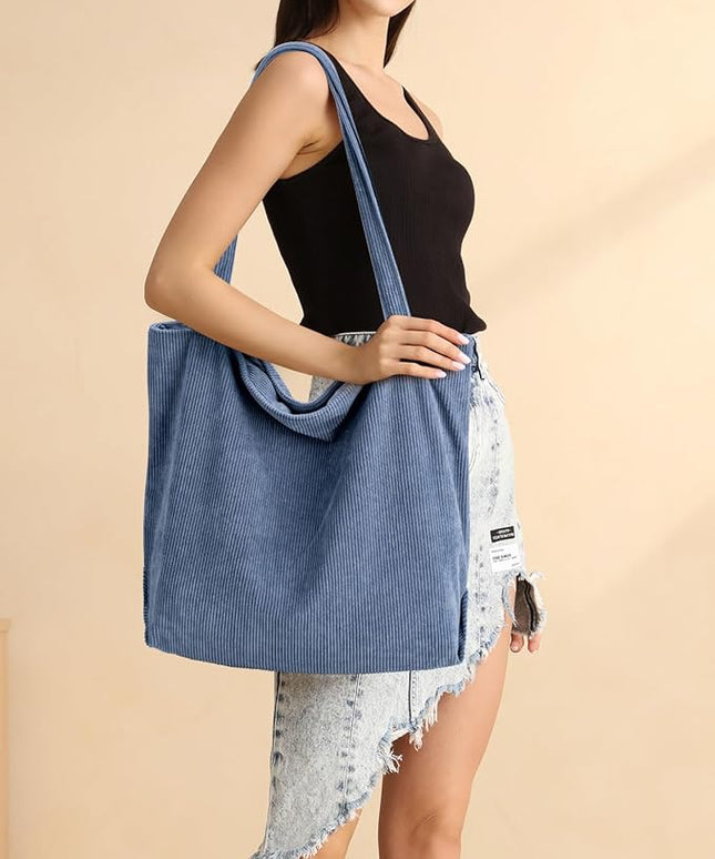 Iioscre Corduroy Tote Bag for Women,Hobo HandBags with Zipper,Large Capacity Casual Shoulder Handbags with Inner Pockets