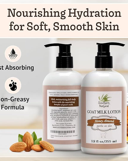 Southern Natural Goat Milk Lotion – Nourishing Face, Body & Hand Moisturizer for Dry & Sensitive Skin - Hydrating Cream, Gentle Skincare for Soft & Smooth Feel - Honey Almond Scent - 12oz