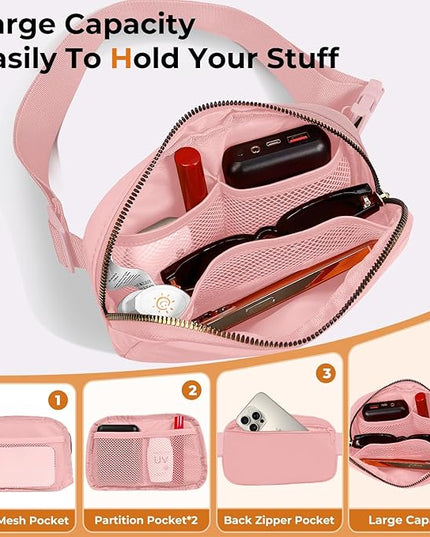 Cwualo Belt Bag Zipper Fanny Pack Crossbody Bags for Women,Fashion Nylon Waist Packs, Water Repellent Two Way wear with Adjustable Strap Gifts for Teenage Girls Women Men(pink)