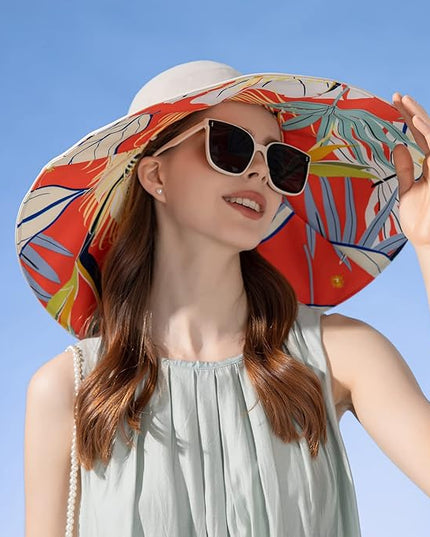 HUAMULAN Women Summer Sun Hat Wide Brim Wired Edge Floral Beach Bucket Hats Reversible Foldable Travel UV Protection Lady Hat