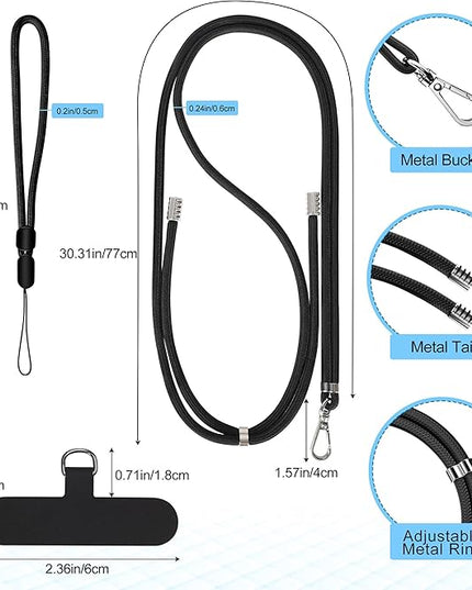 takyu Phone Lanyard, 2 Pack Adjustable Cell Phone Lanyard Crossbody Neck Strap & 2 Pack Phone Wrist Strap with 2 PcsTether Tabs Compatible for iPhone Android Smartphones-Black Grey