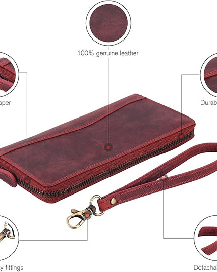 Oak Leathers Red Vintage Leather Wallet for Women - RFID Womens Wallet Clutch with 8 Credit Card Holder, Coin Pocket, Gift for Women’s