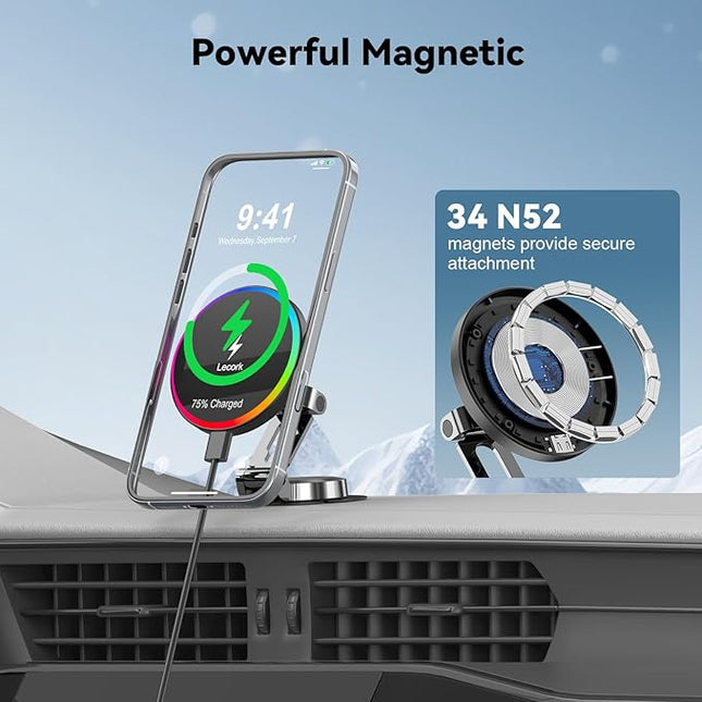 Lecork for Magsafe Car Mount Charger, 15W Magnetic Wireles Car Charger for iPhone 12 13 14 15 16 Series, Stick On Dashboard Phone Holder Mount for Samsung S25 Series, Zinc Alloy Shell, Black
