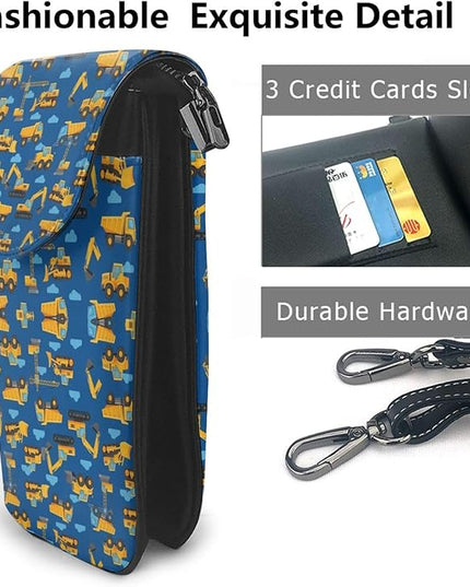 Women Ladies Girls Roomy Pockets Cell Phone Shoulder Bag Crossbody Bag Credit Card Stash Money Carrier, Water Resistant, Yoga Riding Bag, Construction Bulldozer Excavator Navy Blue