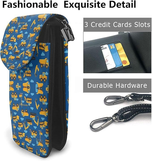Women Ladies Girls Roomy Pockets Cell Phone Shoulder Bag Crossbody Bag Credit Card Stash Money Carrier, Water Resistant, Yoga Riding Bag, Construction Bulldozer Excavator Navy Blue