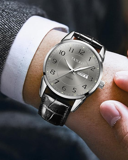 Men Dress Watch Waterproof Leather Watches for Men with Day Date Luxury Large Arabic Numerals Analog Quartz Classic Leather Watch Easy Read relojes para Hombres