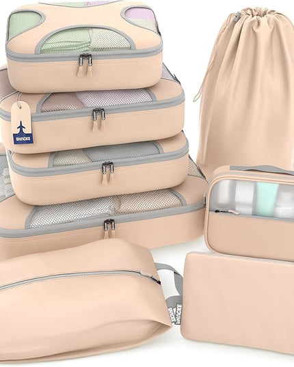 Shacke Premium 8 Packing Cubes Set - Lightweight Mesh Travel Luggage Organizers with Laundry Bag, 8-Piece Suitcase Storage System (Nude Biege)