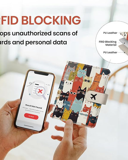Passport Holder for Travel Essentials, RFID Blocking Leather Cover Wallet with Magnetic Closure, Aesthetic & Cute Passport Book Case for Women and Men - Cat