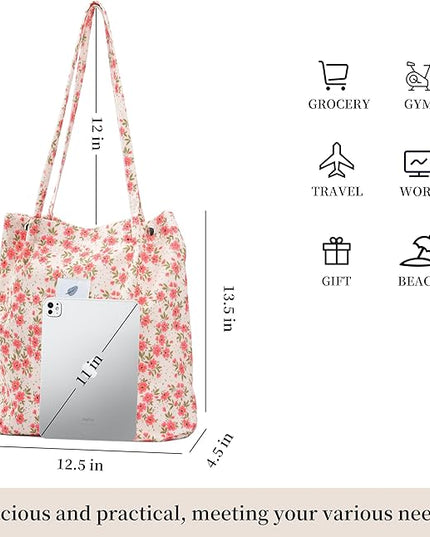 Corduroy Tote Bag Cute Tote Bags for Women Shoulder Bag with Inner Pocket for Work Beach Travel and Shopping Grocery