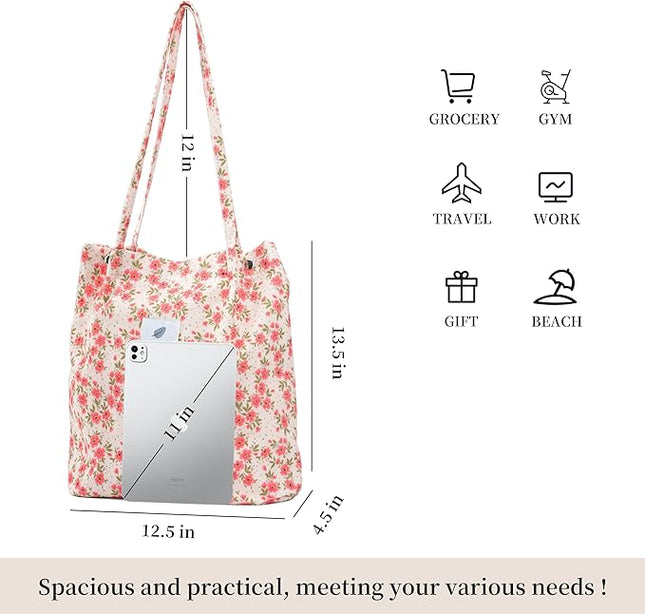 Corduroy Tote Bag Cute Tote Bags for Women Shoulder Bag with Inner Pocket for Work Beach Travel and Shopping Grocery