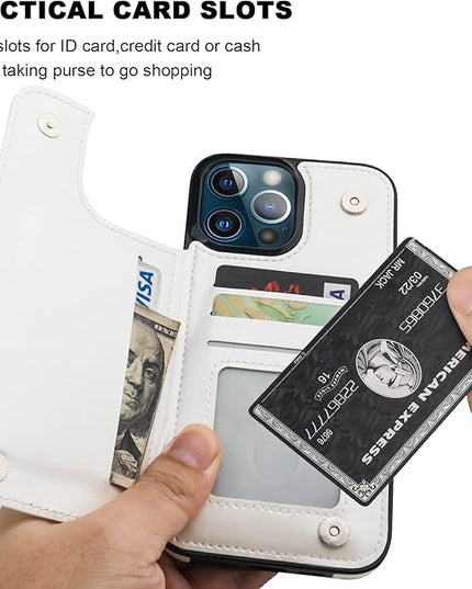 ONETOP Compatible with iPhone 13 Pro Max Wallet Case with Card Holder,PU Leather Kickstand Card Slots Case, Double Magnetic Clasp and Durable Shockproof Cover 6.7 Inch(White)