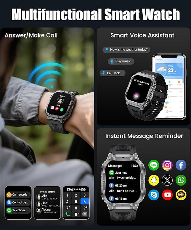 2.0" Military Smart Watch for Men with Flashlight, Make/Answer Calls, 1000mAh, IP68 Waterproof, 100+ Sport Modes Fitness Tracker for Workout Outdoor iOS Android Compatible, Black-Silicone