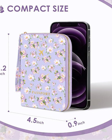 Passport Holder, Passport Holder For Travel, Passport Cover For Travel Essentials, Passport Wallet Cover RFID Blocking, Cute Passport Book for Women and Men, Purple Flowers