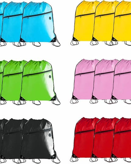 CODOBON Lightweight Drawstring Backpack with 2 Compartments Holds 14" Laptop & Shoes | Foldable to Phone Size, Zip Pocket with Cable Port | Economical for Gym, Travel, parties (Multi -6-colors 18pcs)