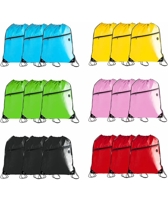 CODOBON Lightweight Drawstring Backpack with 2 Compartments Holds 14" Laptop & Shoes | Foldable to Phone Size, Zip Pocket with Cable Port | Economical for Gym, Travel, parties (Multi -6-colors 18pcs)